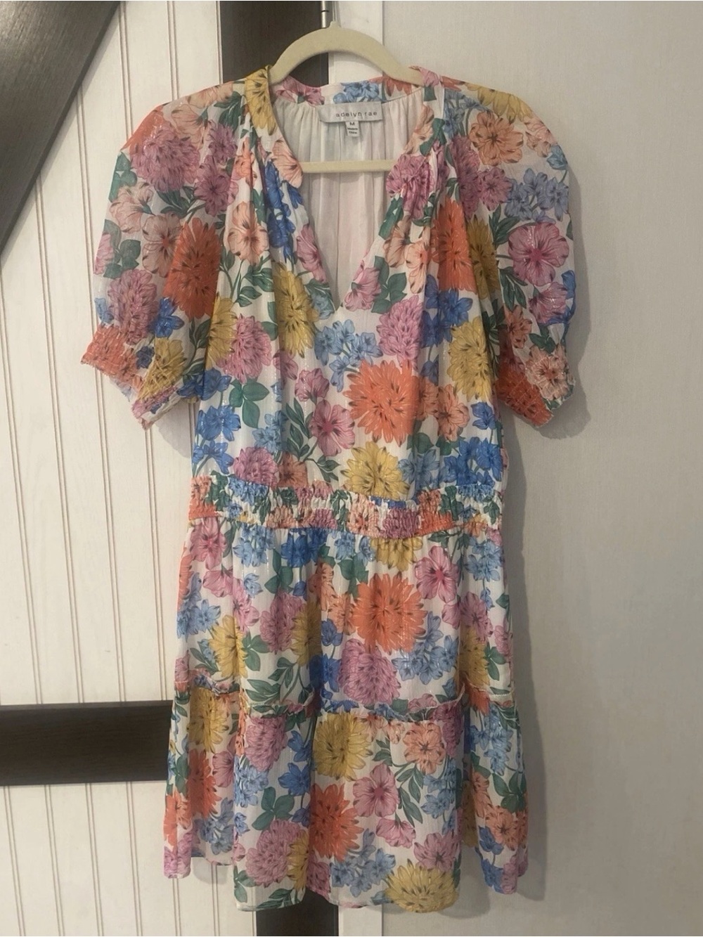 Adelyn Rae Floral Metallic Stripe Chiffon Mini Dress Size Medium Spring